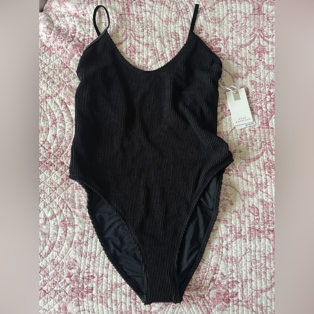 Good American Black Textured One Piece Swimsuit High Neck Open Back NWT L/XL